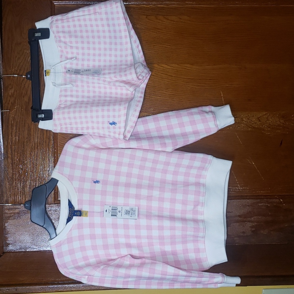 Pink & white Polo Ralph Lauren sweater/short set for girls. Top 6X, bottom 7.
